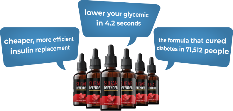 images of 6 sugar defender bottles with 3 balloons with the phrases: cheaper, more efficient insulin replacement, lower your glycemic in 4.2 seconds, the formula that cured diabetes in 71,512 people